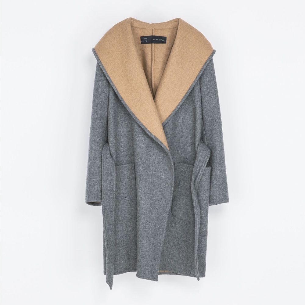 Zara Wool Blend Camel Gray Wraparound Hooded Coat MEDIUM